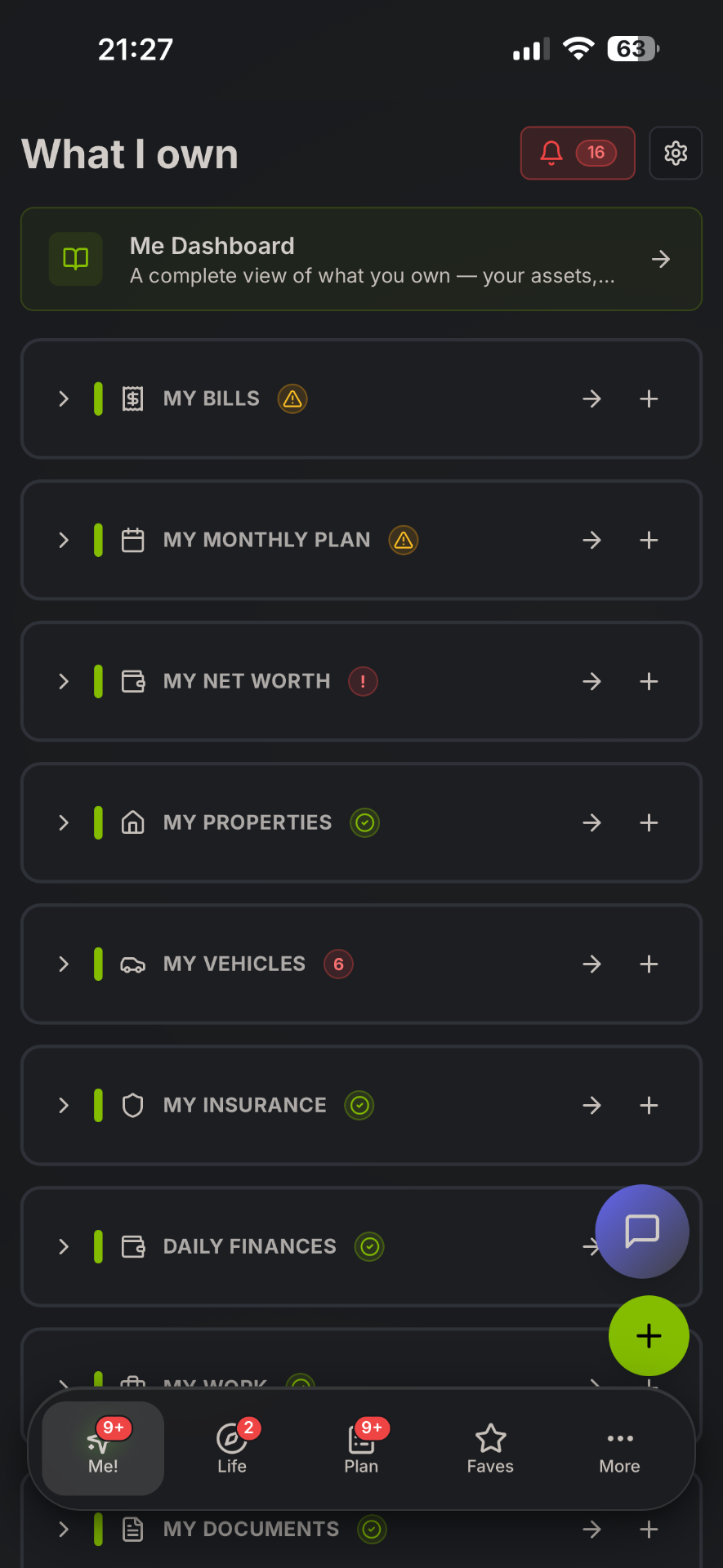 LifeAxis 'What I own' screen showing bills, monthly plan, net worth, properties, vehicles, insurance and more