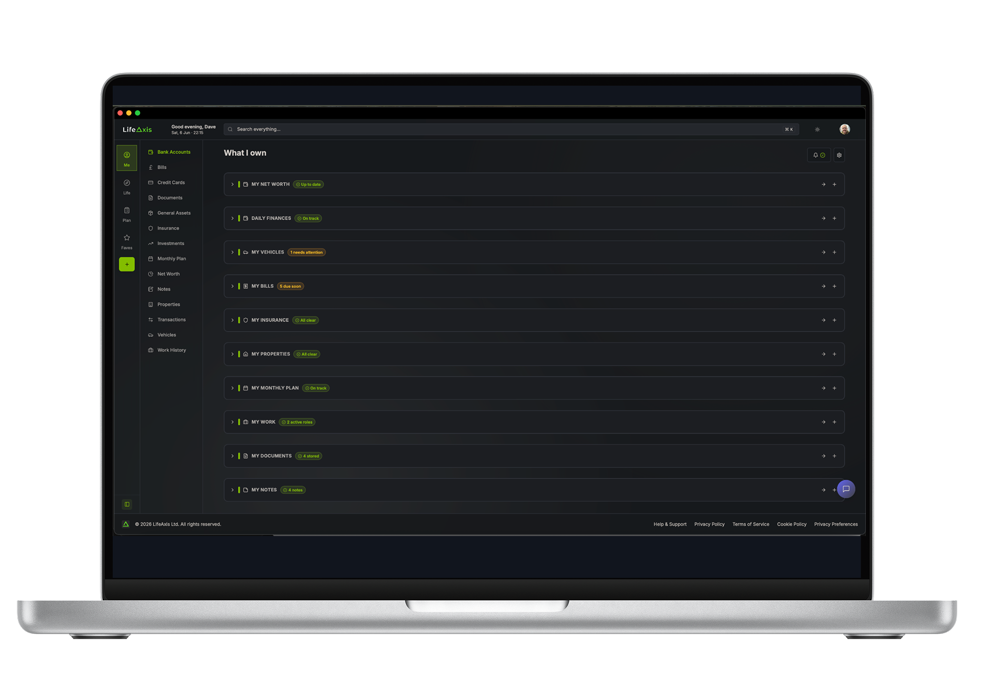 LifeAxis Me dashboard — everything you own in one place